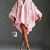Beba Ružičasta Chiffon Duboki V Hladno Rame Mini Haljina S Puff Balon Rukavima Babydoll Party Haljina