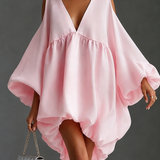 Beba Ružičasta Chiffon Duboki V Hladno Rame Mini Haljina S Puff Balon Rukavima Babydoll Party Haljina